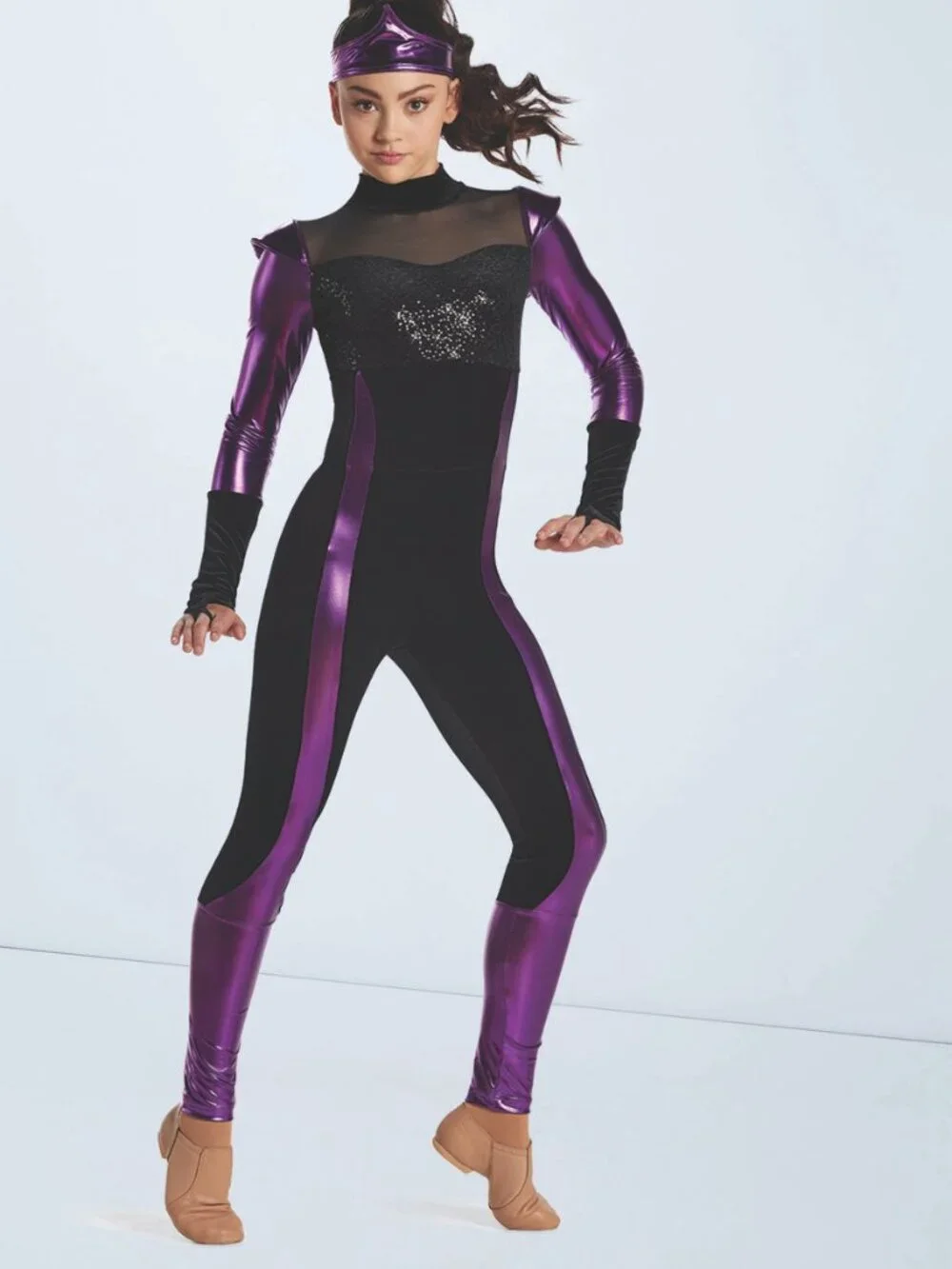 Purple and Black Weissman Showtime Dance Costume Unitard Kaboom Pow XLC 17648